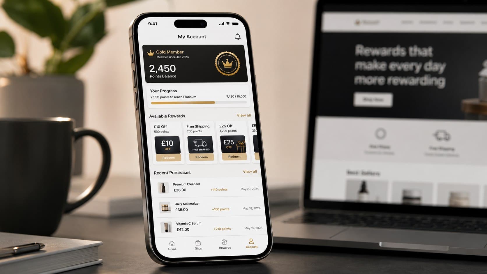 Customer account app showing loyalty points balance and available rewards