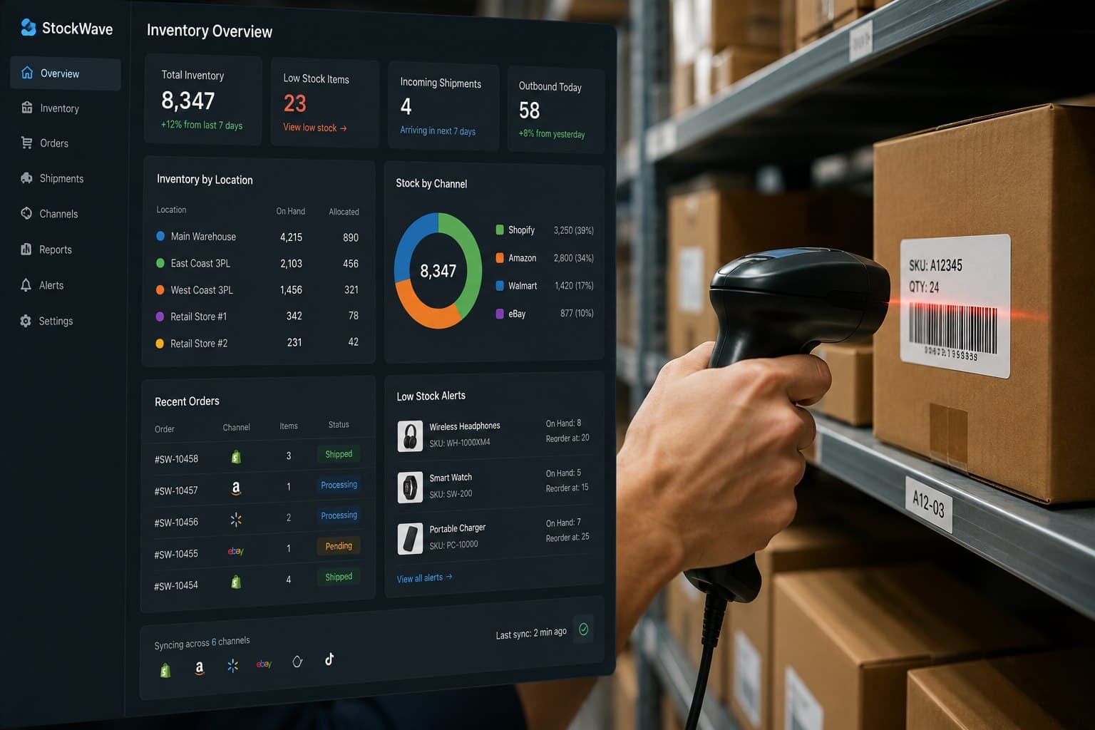 Warehouse barcode scan next to an inventory dashboard showing stock synced across sales channels