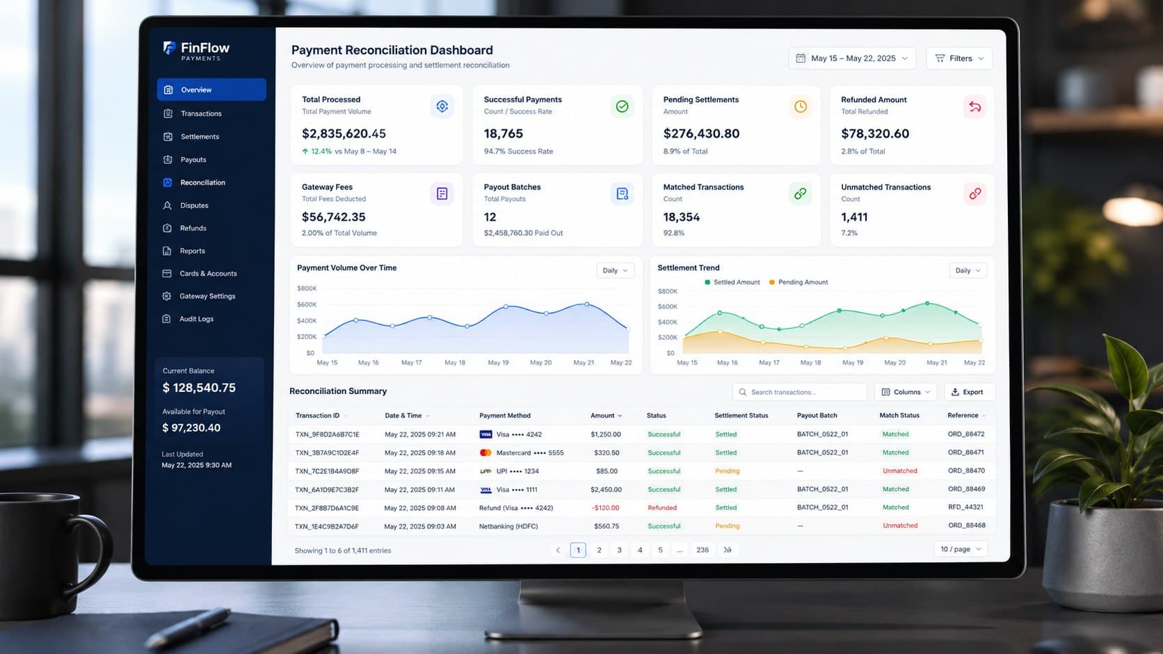 Payment reconciliation dashboard showing settled and matched transactions