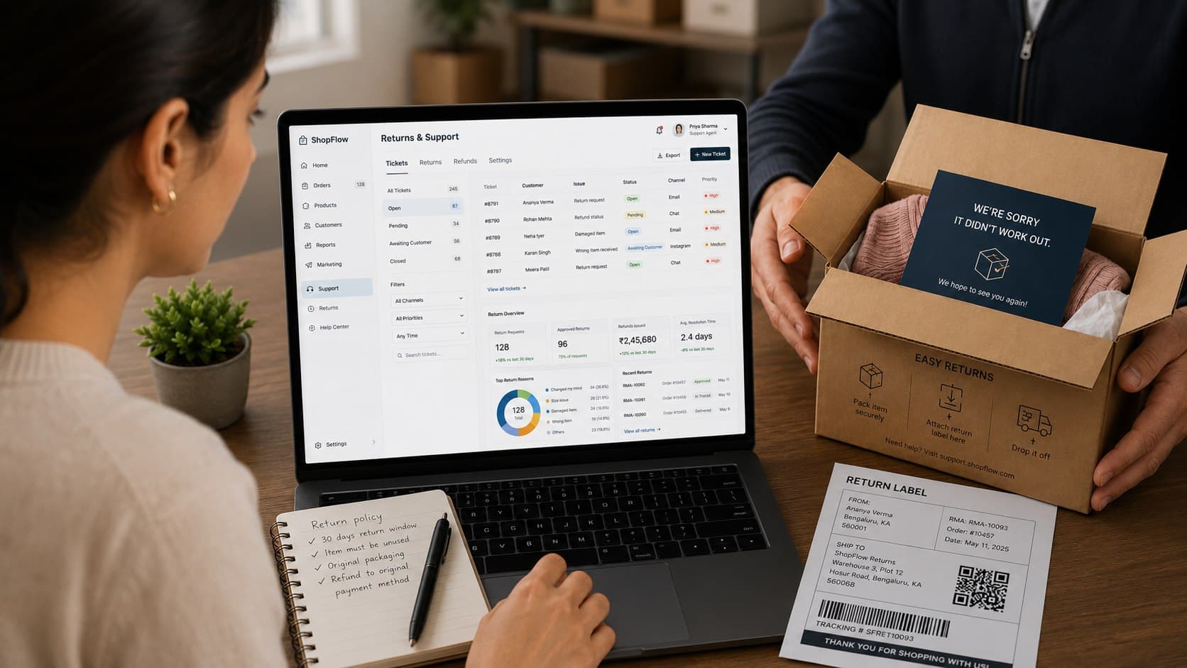 Returns and support dashboard next to a packed return box with shipping label
