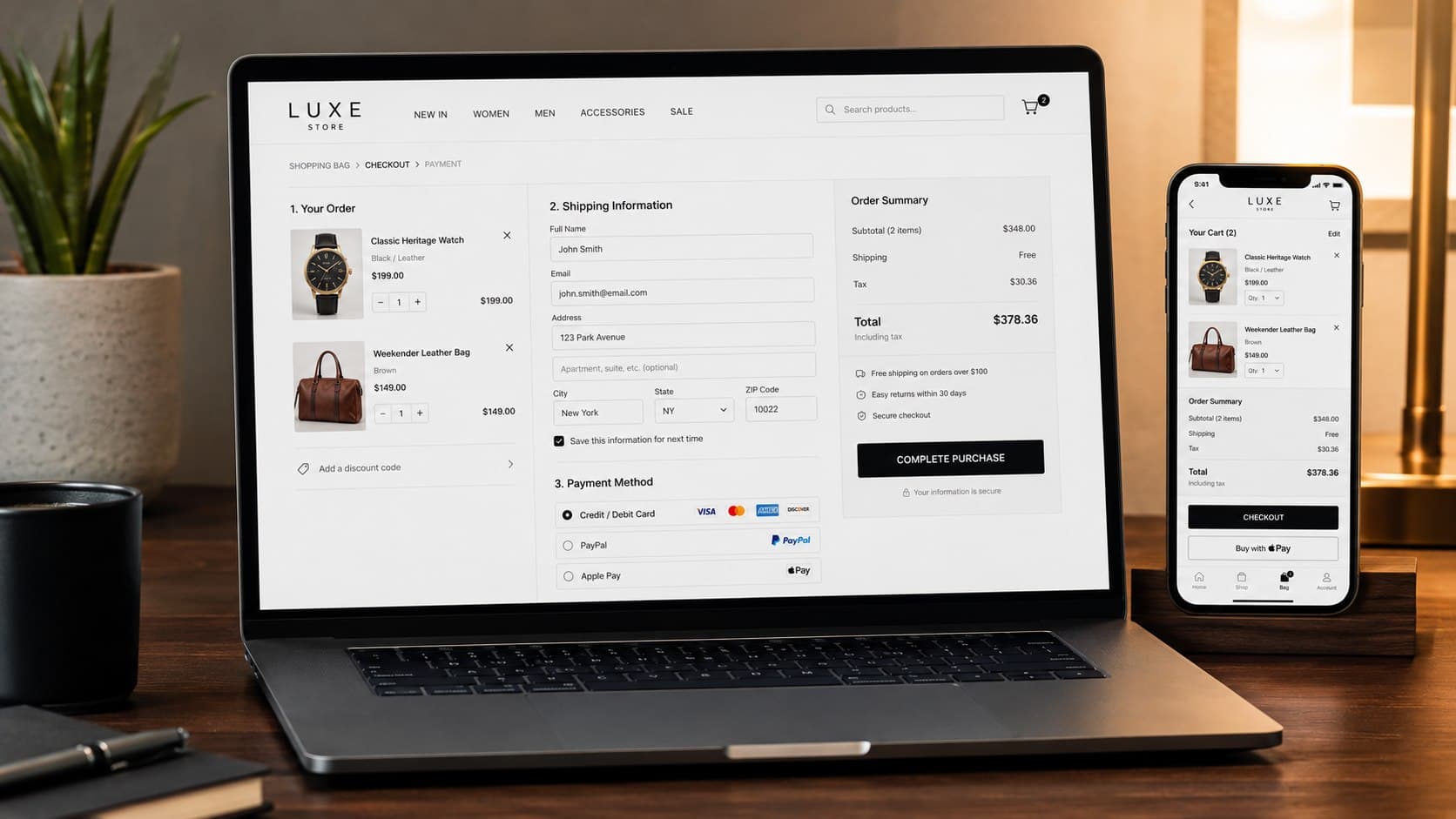 Checkout and payment screen for an e-commerce store, shown on laptop and phone